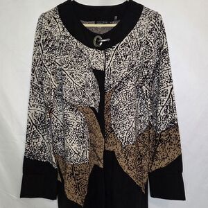NIC+ZOE Black, Cream & Brown Leaf-Print Sweater Coat Womens Meduim #KC